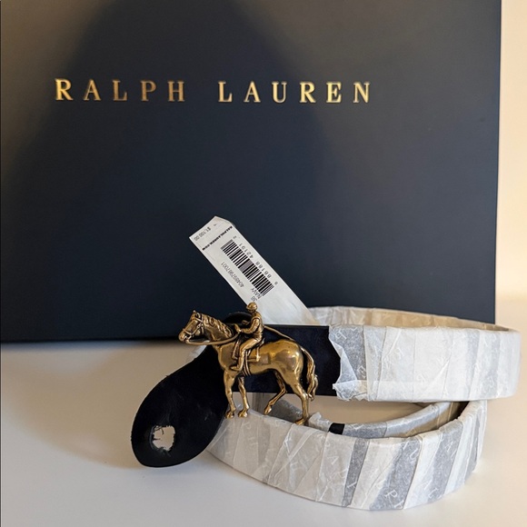 Polo Ralph Lauren Navy Suede Equestrian Belt Gold Horse Buckle Italy Sz 38
